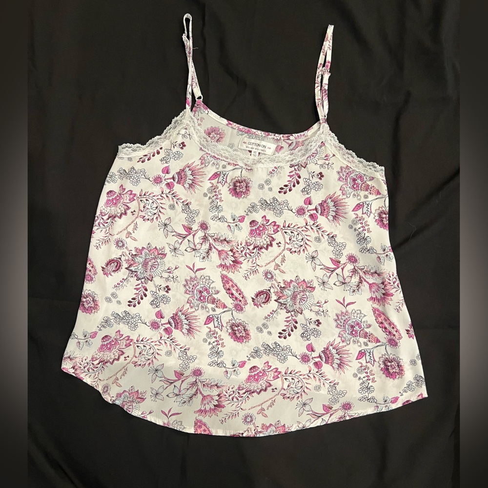 Cotton On Pink and White Floral Lace Trim Top